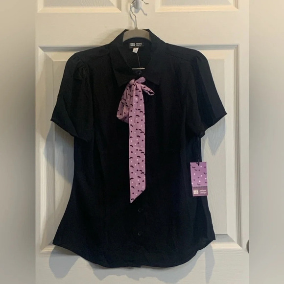 Kou Kou x Unique Vintage Black & Purple Kou Kou Bat Print Bow Blouse L #0085 - Picture 4 of 10